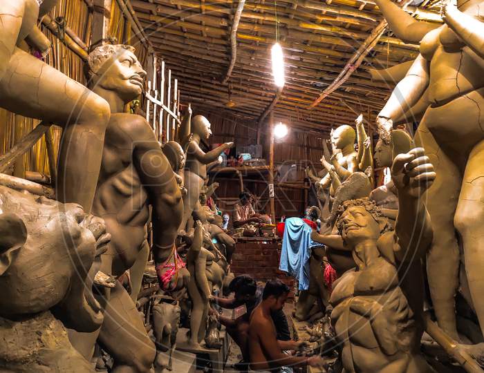 Craftsmans are working to complete the Durga fetish for upcoming Durga puja During Amidst Coronavirus or COVID-19 Pandemic At Champahati In South 24 pgs District Of West bengal ,India on 20 Sep, 2020.