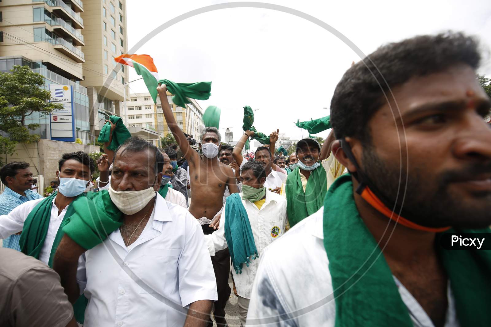 Farmers protest against the passage of two controversial farm bills by the country’s parliament in Bangalore, India.