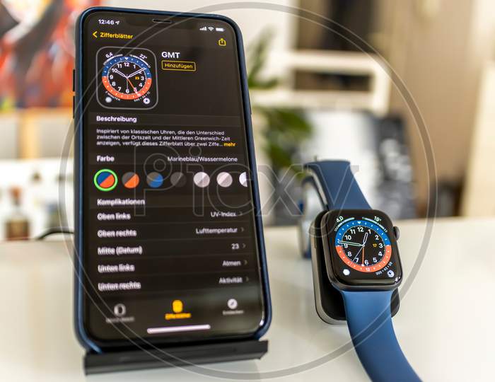 Frankfurt, Germany - September 17th 2020: A german photographer installing the all new watchOS 7 software on his Apple Watch after the launch of the official version.