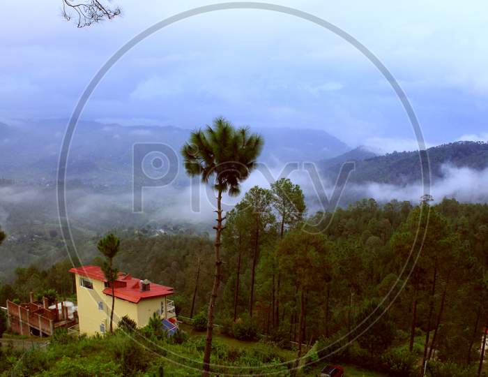 Beautiful landscape with forest and pines, mountain cottage and fog and low clouds in the mountains.