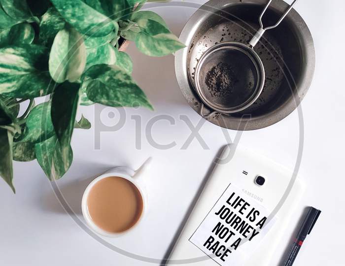 Tea with quote, Flatlay photography