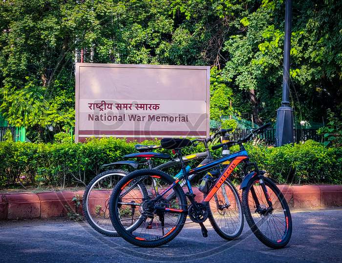 Cycles parked at the National War Memorial, New Delhi, India