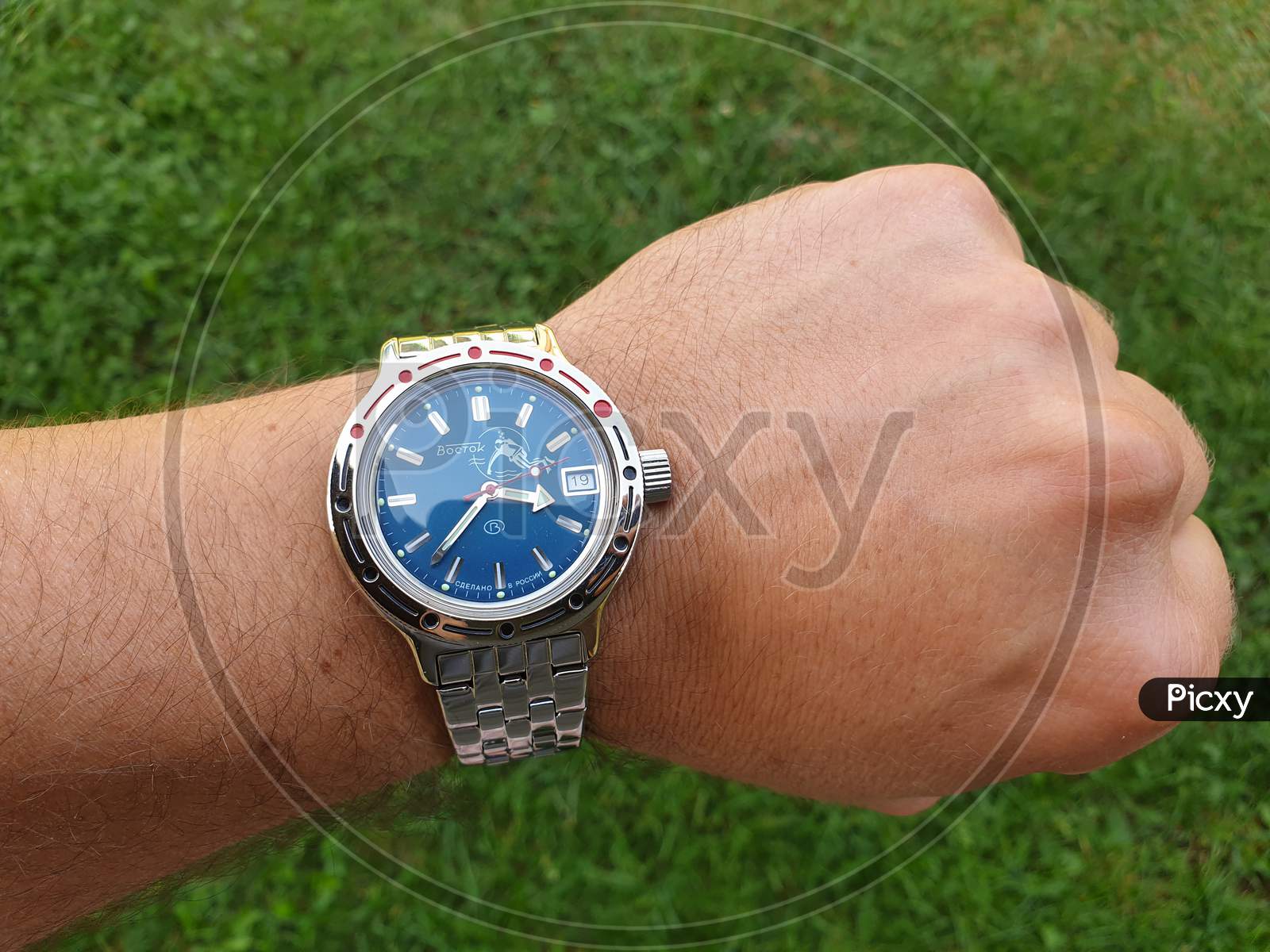 Blue Vintage Vostok Amphibia Russian Watch On Hand