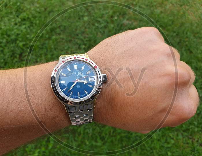 Blue Vintage Vostok Amphibia Russian Watch On Hand