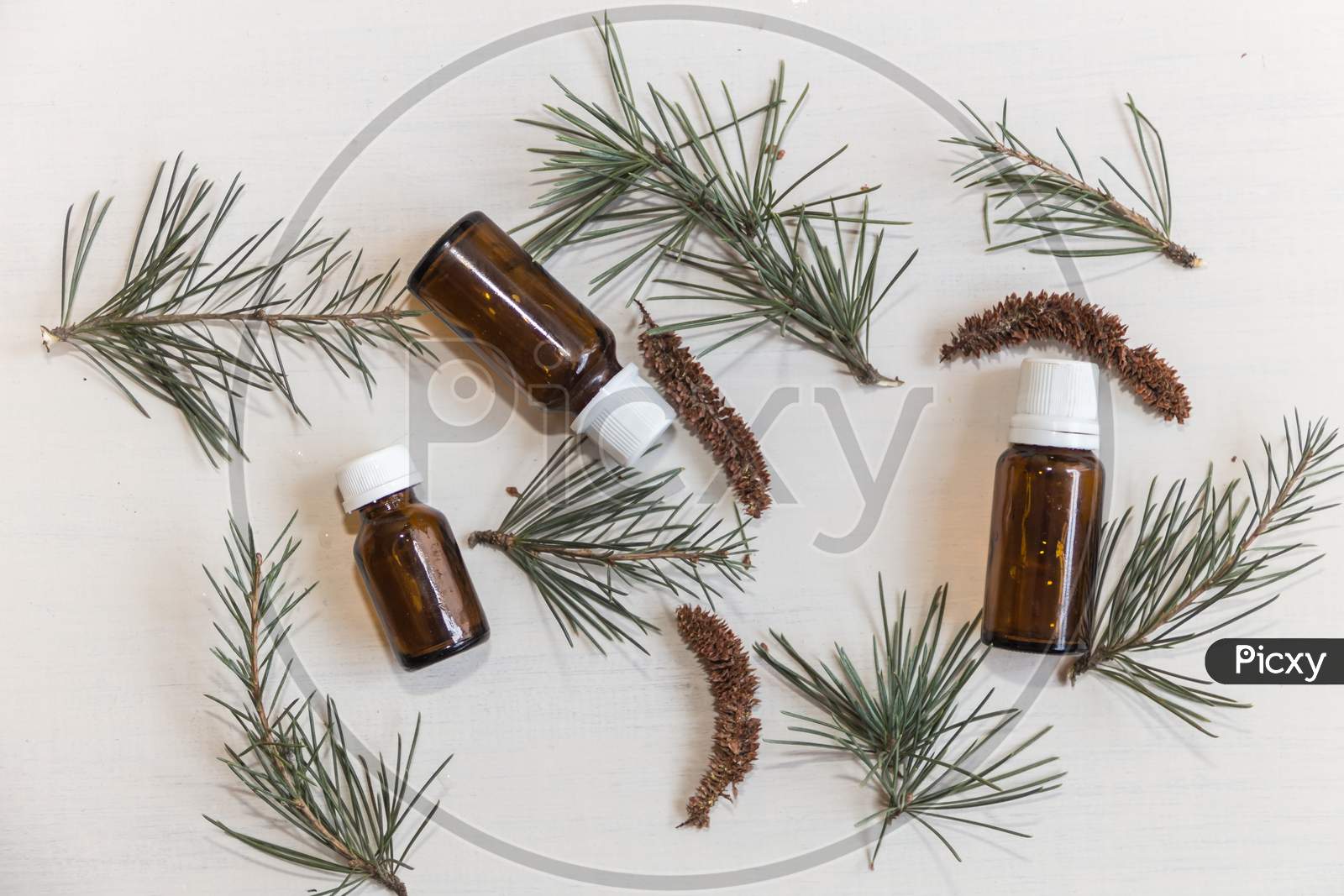 Top View Bottles With Cedar Oil. Aromatherapy And Natural Cosmetics Concept Background