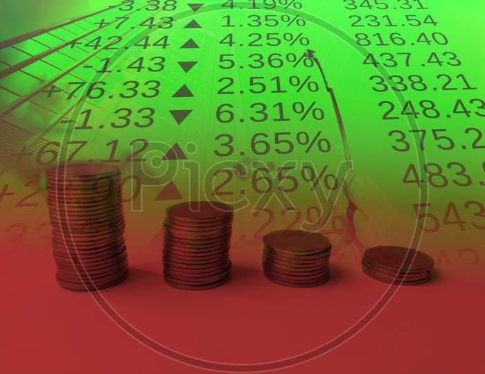 Coin stack step down graph with red arrow, Risk management business financial and investment, Copy space