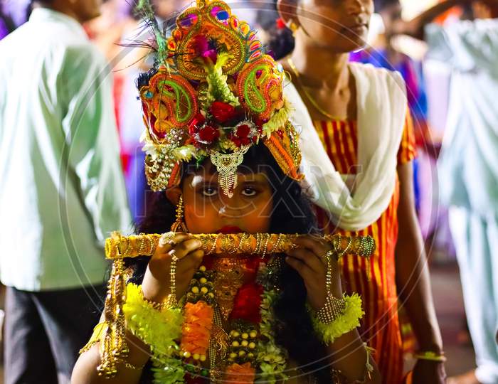 August 15Th, 2020, Iskon Temple, Krishnanagar, Nadia West Bengal. A Young Unidentified Boy Dressed As Lord Krishna At A Cosplay Fare At Iskon, Ksiahnanagr, Nadia West Bengal.