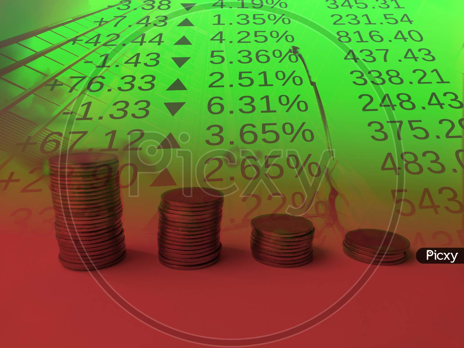 Coin stack step down graph with red arrow, Risk management business financial and investment, Copy space