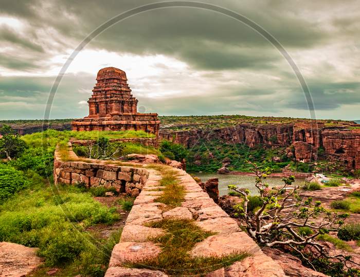 Upper Shivalaya Ancient Stone Art Temple Isolated With Leading Trails And Dramatic Sky