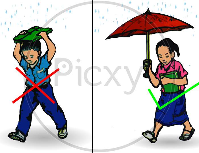 Use Umbrella When Raining,Don'T Use Your Bag Or Clothes Flat Vector Image