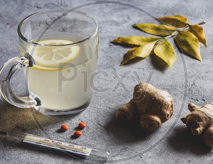 Ginger Tea With Lemon, Ginger Root, Thermometer And Leaves On A Gray Background