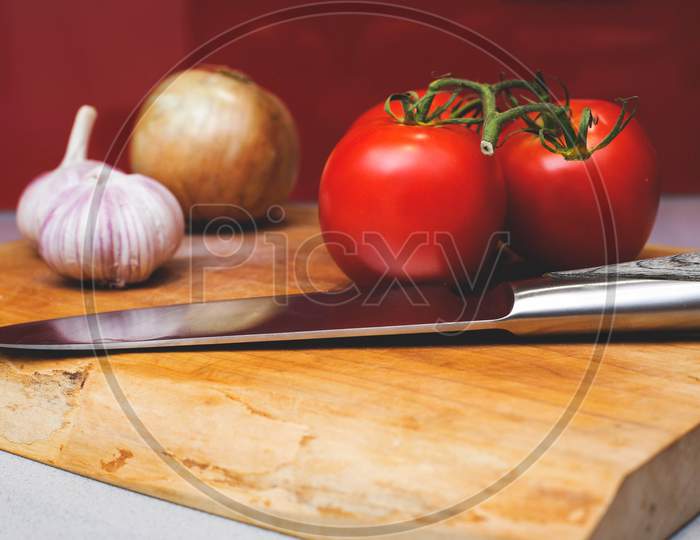 tomato, plant, onion, knife, food, vegetable