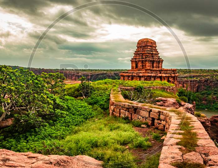 Ancient Amazing Stone Art Temple Isolated With Leading Trails And Dramatic Sky