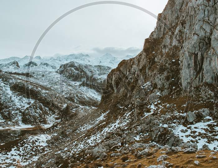 Close Up Of The Mountain Range During Winter With Snow And Copy Space