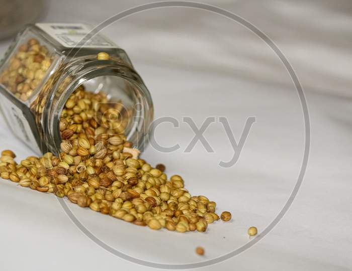coriander seeds in a glass jar