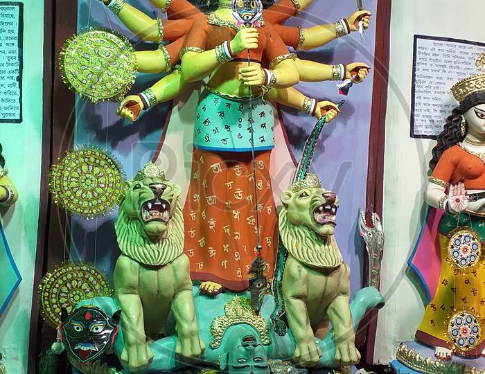 Durga idol in Puja pandal during durga puja