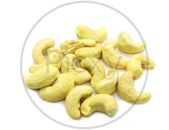 Raw Cashew Nuts.Isolated On White Background.