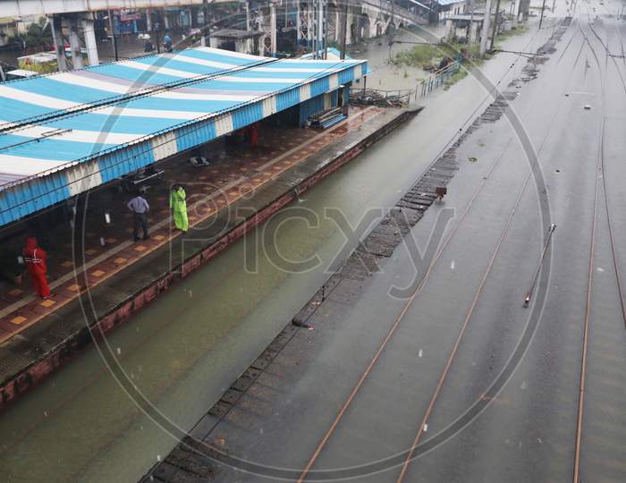 A view of waterlogged tracks after heavy rainfall in Mumbai, India, September 23, 2020.
