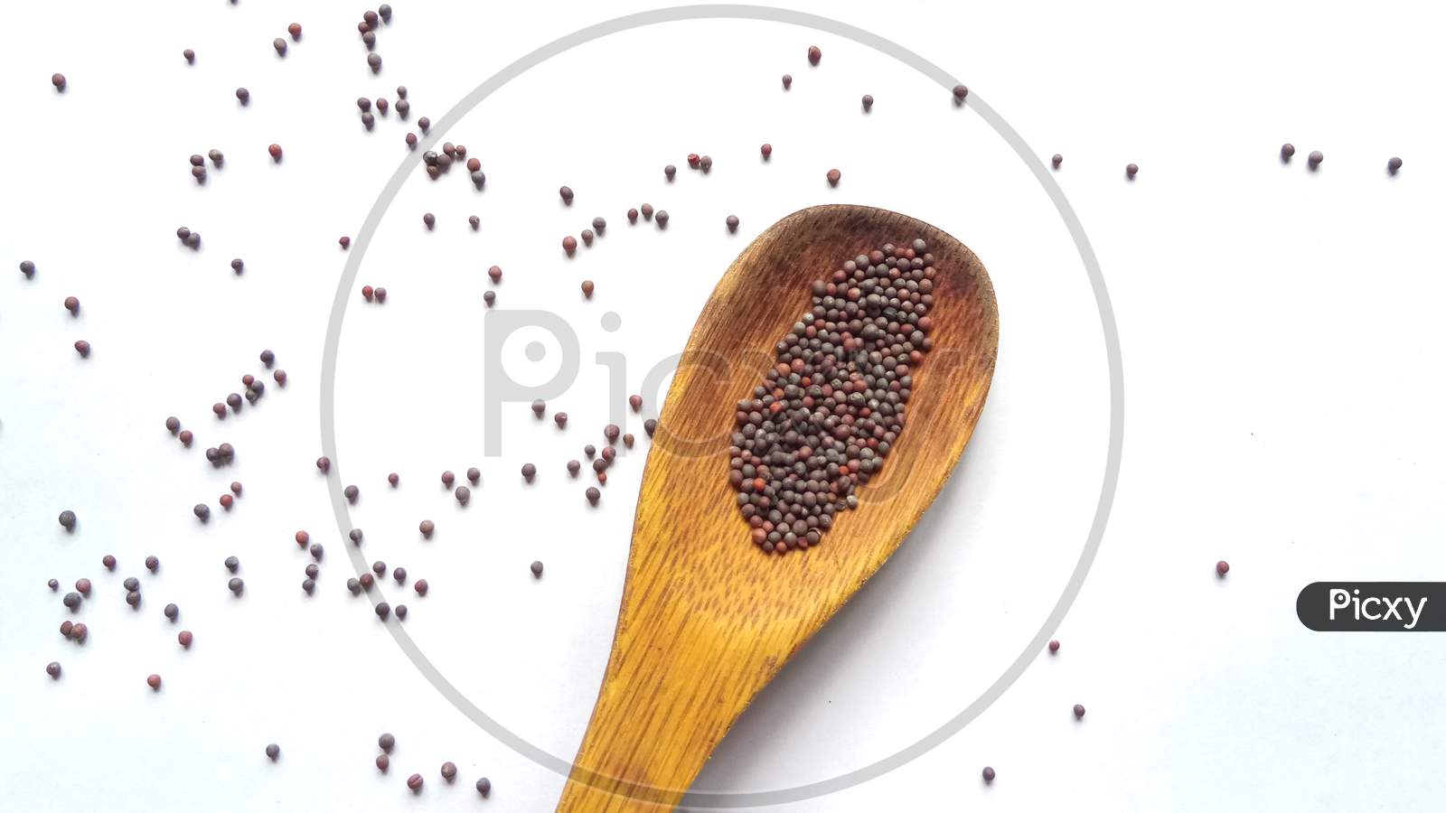 Mustard seeds in wooden spoon isolated