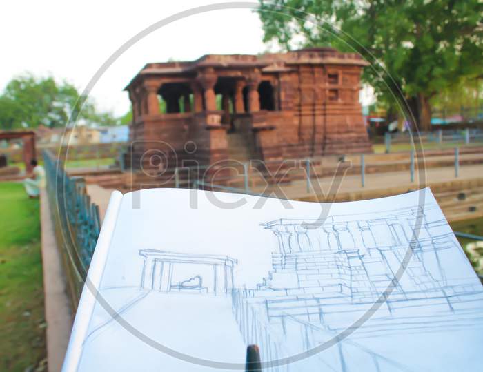 Making Outline Sketch Of Shiva Temple At Dev Baloda Depicts The Stories Of Those Time. Situated In The District Of Bhilai, Chattisgarh Tourism, India