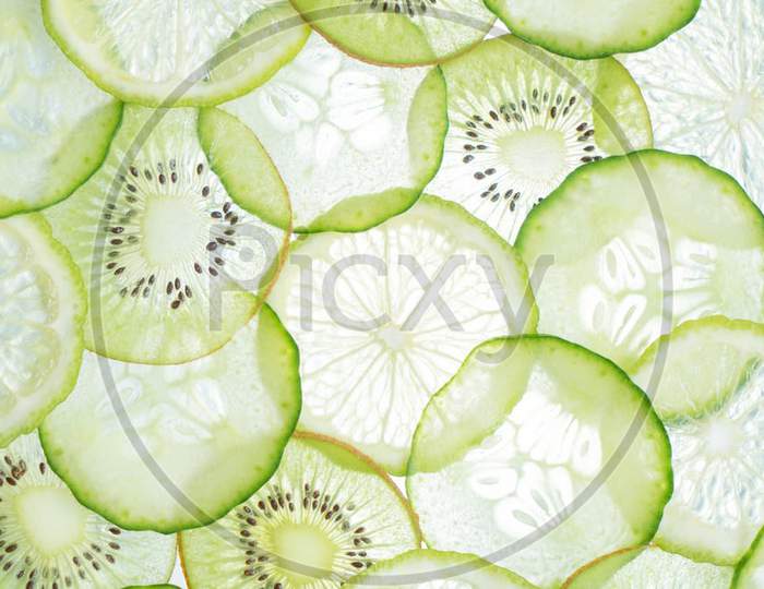 Macro shot of cucumber and kiwi