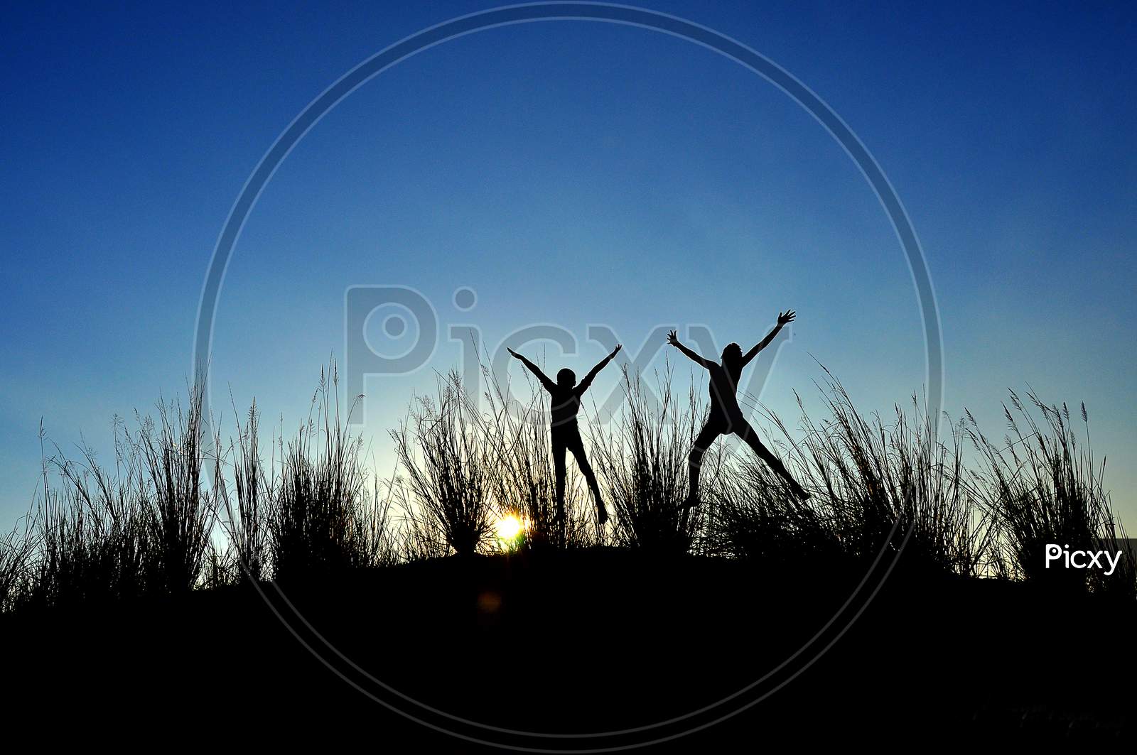 Silhouette of two boys jumping behind the grass grains
