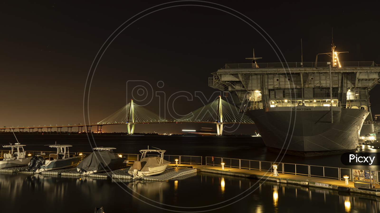 USS Yorktown At Night With Cooper River Bridge In Background