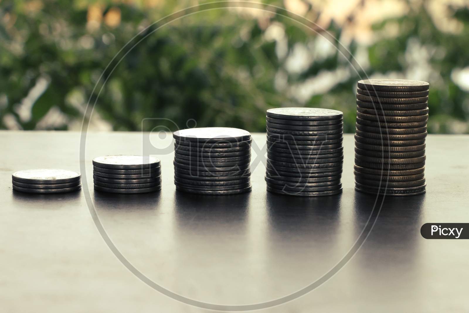Money Coin Stack Growing Graph With Sun Light,Blurry Background, Plant On Coins, Silver Coin And Gold Coin, Investment Concept. Business Finance And Save Money Concept