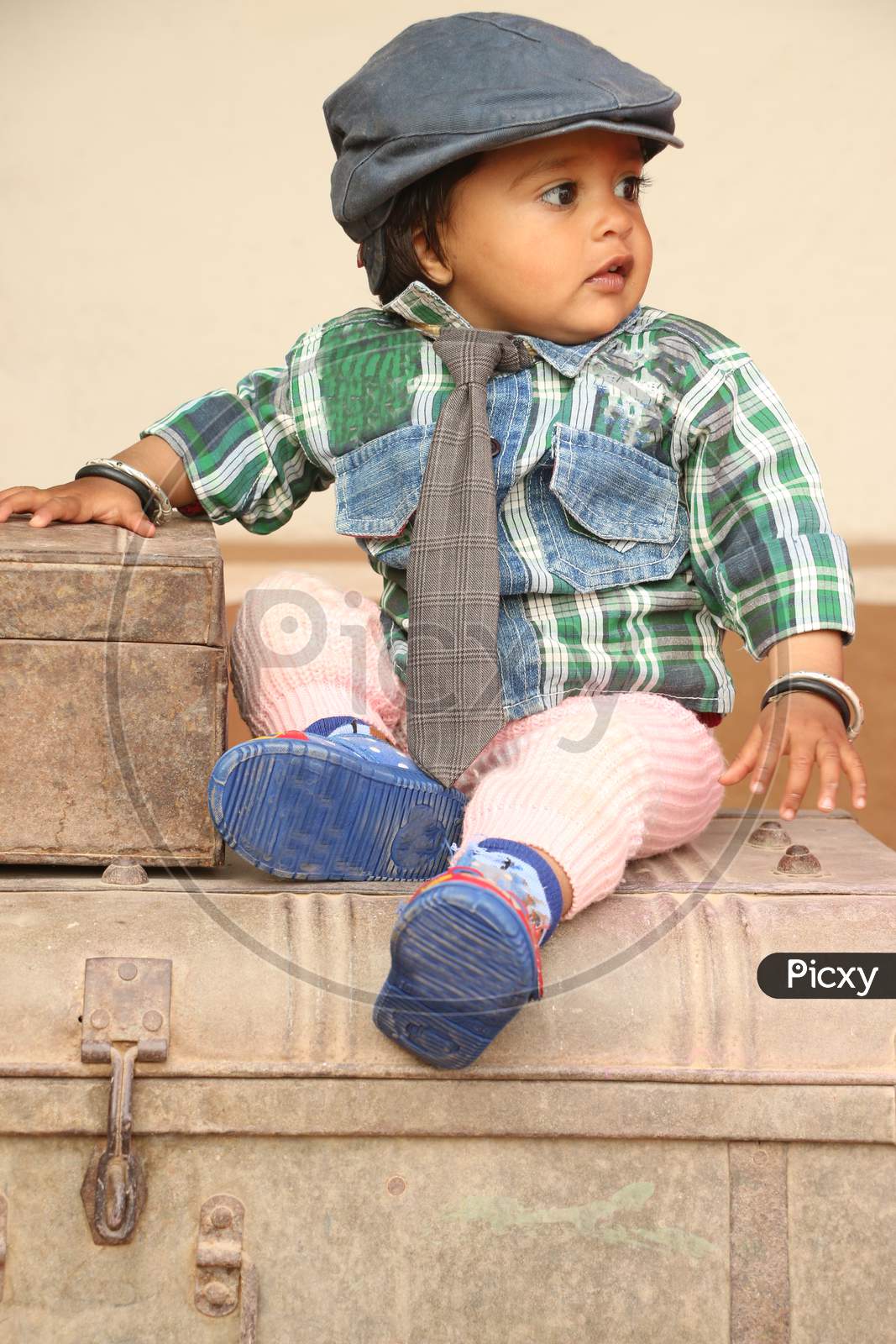 2 Year Old Beautiful Girl Wearing Cap Tie And Boy Dress, 2 Year Old Beautiful Girl Sitting On Iron Box,