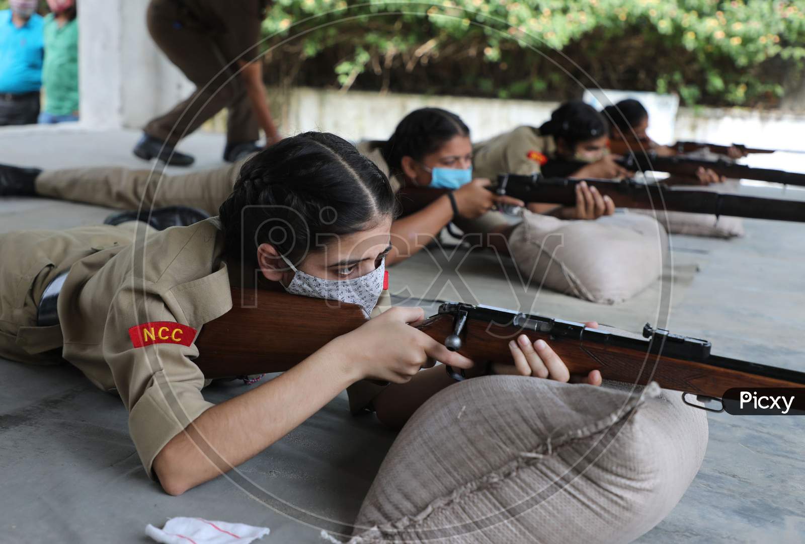 NCC cadets busy in firing practice at a camp in Jammu on26 September.2020.