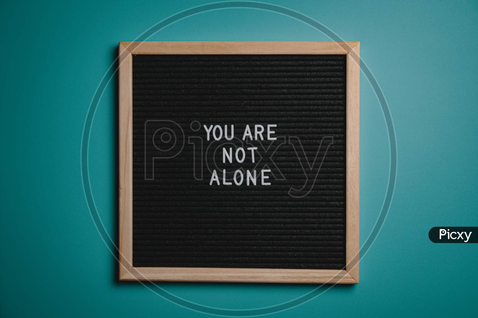 Life's Quote " You Are Not Alone "  In Black Board on Brown Wooden Frame Behind Green Background.