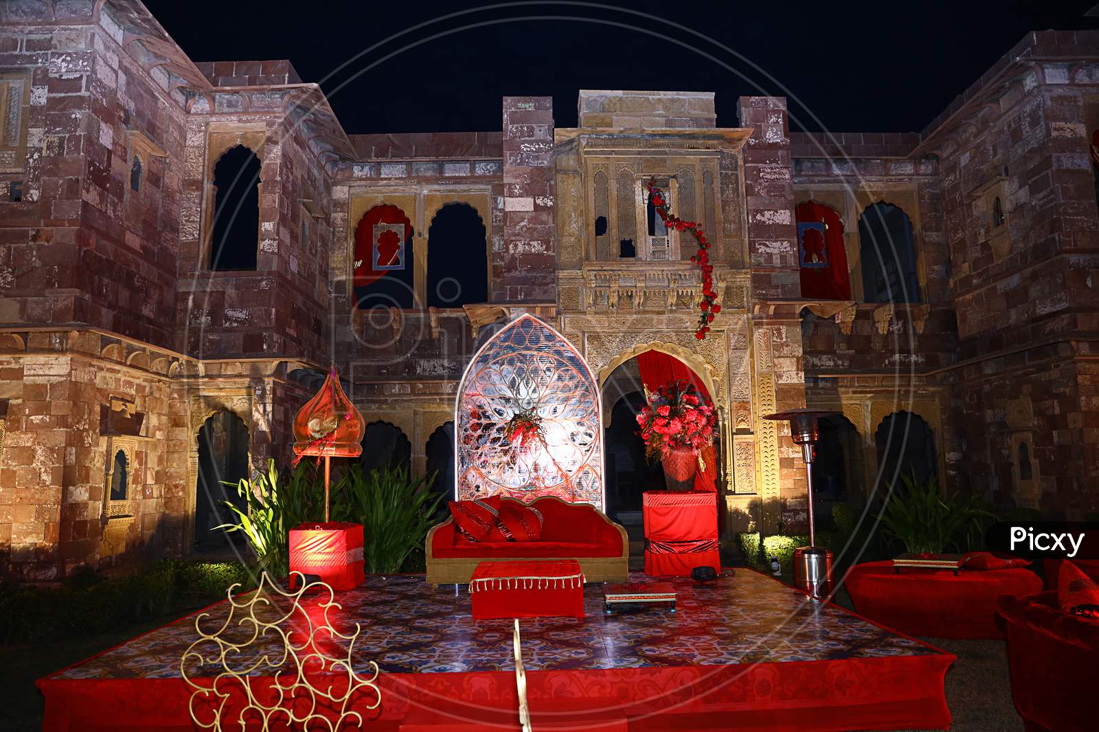 Jodhpur, Rajasthan, India, August 20Th, 2020: Colorful Decorated Indian Wedding Stage For Bride And Groom For Engagement Ceremony In Backyard Or Lawn, Wedding Event Decor Concept,