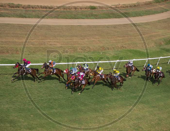 An Action Scene of a Horse racing event organised regularly during Dussehra festival and is a great Tourist Attraction in Mysuru cityscape of Karnataka/India.