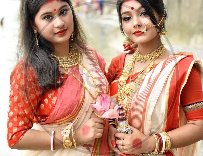 Portrait Of Beautiful Indian Bengali Female Models In Ethnic Saree And Jewellery In Kolkata, India On September 2020