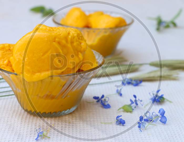 Mango Ice Cream, Glass Bowl On Mango Ice Cream