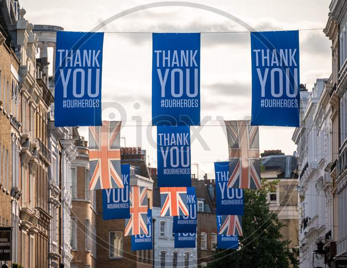 Thank You To Front Line Workers Banners And Union Jack Flags At Covent Garden
