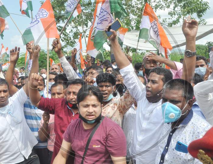 Activists of Congress staging a protest demonstration at Chachal protest ground, against the Agricultural reform bill 2020, in Guwahati on Monday.