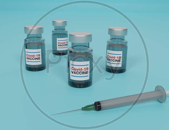 3D Render Of Glass Covid-19 Vaccine Vials And A Plastic Syringe Placed On A Blue Background