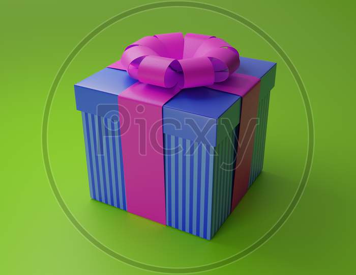 3D Render Of A Striped Green Blue Box With A Pink Ribbon On A Green Background