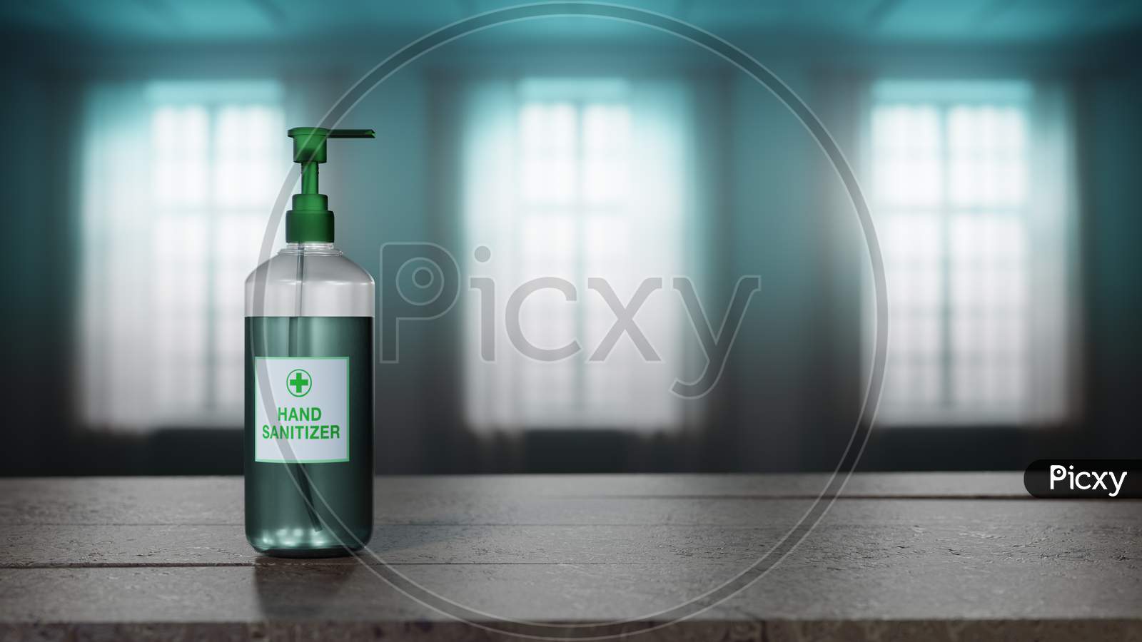 3D Render Of A Hand Sanitizer Bottle Placed On A Wooden Table Against Windows