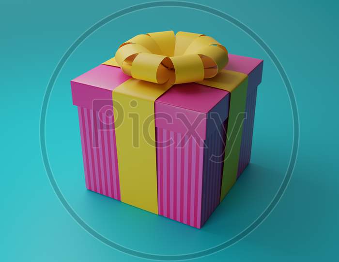 3D Render Of A Pink Gift Box With A Golden Ribbon On A Blue Background