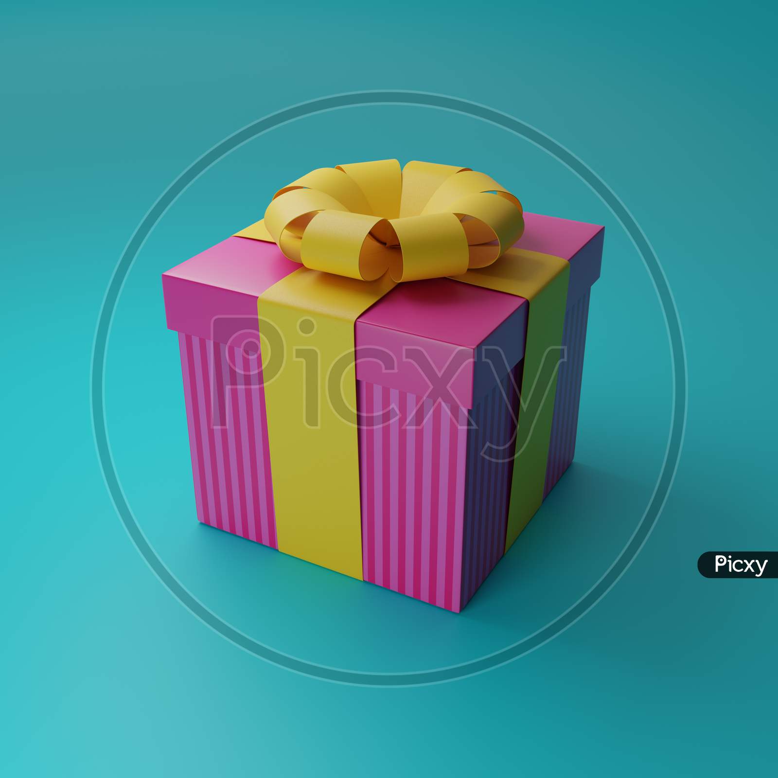 3D Render Of A Pink Gift Box With A Golden Ribbon On A Blue Background