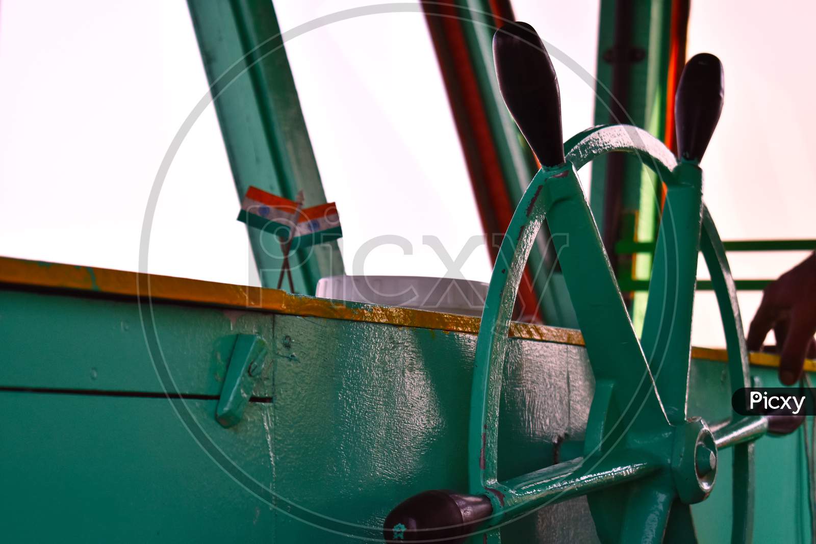 Closeup View Of The Steering Wheel Of A Boat