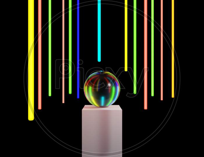 Abstract 3D Rendering Of A Glass Ball Surrounded By Neon Lights