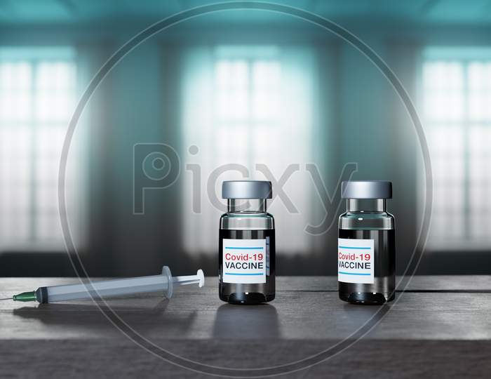 3D Render Of Glass Covid-19 Vaccine Vials And A Plastic Syringe Placed On A Wooden Table Against Windows