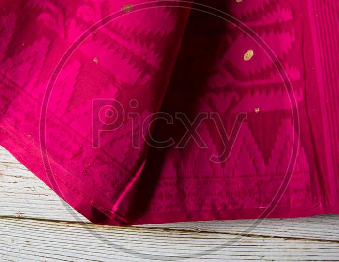 Red cotton sari with traditional patterns