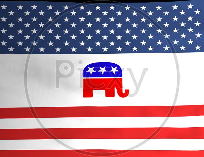 Republican Party Elephant Emblem Icon On American Flag Illustration Design, Usa Presidential Election 2020 Concept, Editorial.