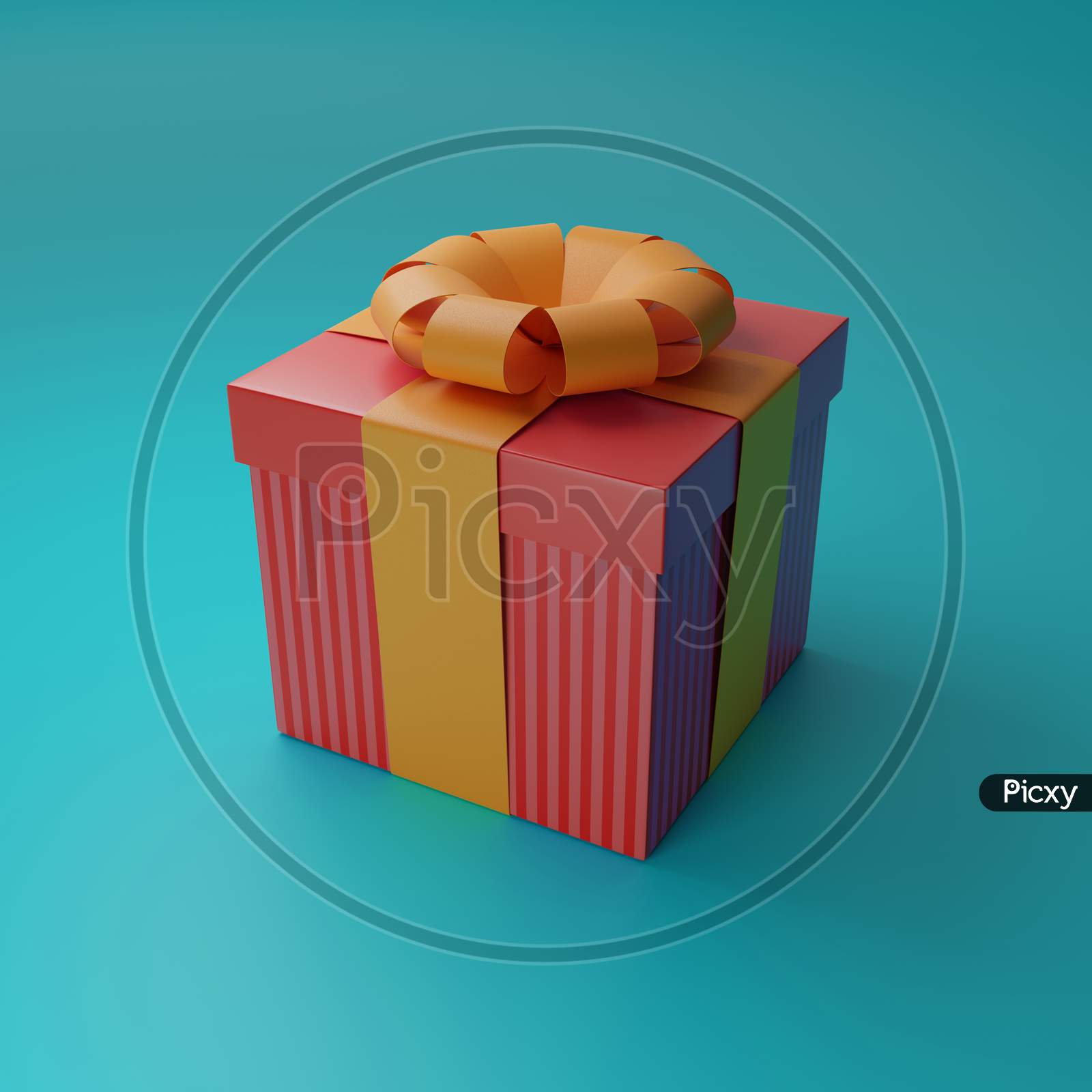 3D Render Of A Striped Red Gift Box With An Orange Ribbon On A Blue Background