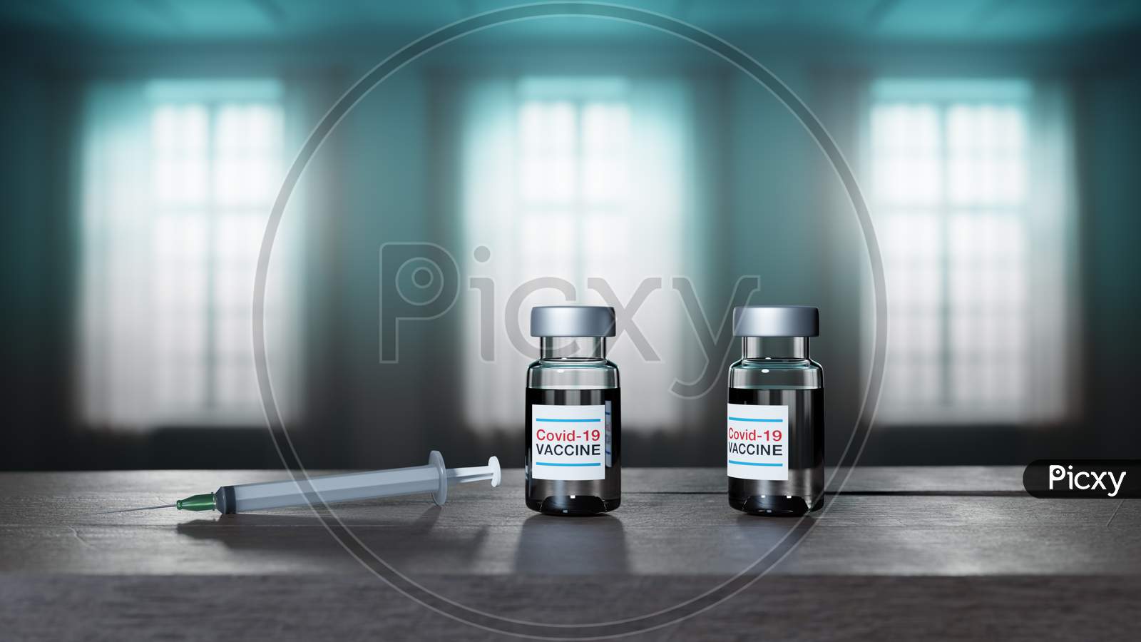 3D Render Of Glass Covid-19 Vaccine Vials And A Plastic Syringe Placed On A Wooden Table Against Windows