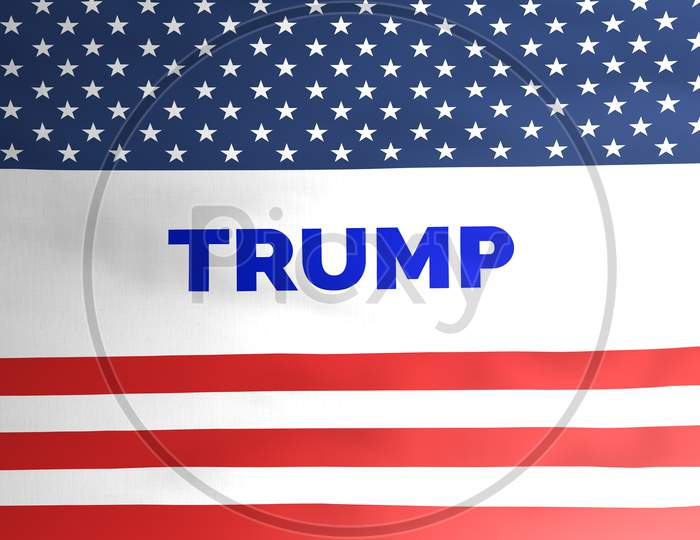 Trump On American Flag Illustration Design, Candidate For President Election 2020, Republican Party Concept. Editorial.